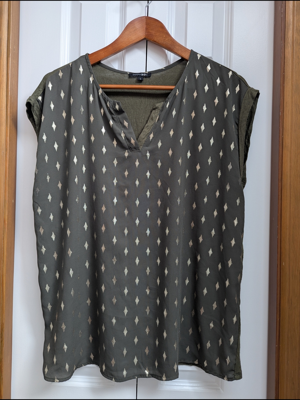Papermoon Olive Green Shell Top with Metallic Diamond Print Large